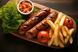 Grilled sausage and vegetables with french fries on wooden background, AI Generative photo