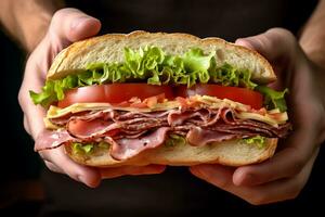 man holding in his hands tasty sandwich with ham or bacon cheese tomatoes lettuce and grain, AI Generative photo