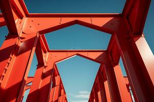 Low angle of a metal red structure under the clear blue sky, AI Generative photo