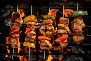 Bbq with cooking, coal grill of chicken meat and peppers, AI Generative photo