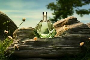 Perfume bottle or whiskey bottle in elegant style on the background of rocks photo