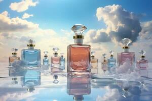 Perfume bottle or whiskey bottle in elegant style on the sky background photo