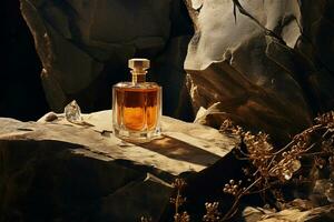 Perfume bottle or whiskey bottle in elegant style on the background of rocks photo