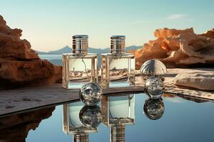 Perfume bottle or whiskey bottle in elegant style on the sky background photo