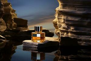 Perfume bottle or whiskey bottle in elegant style on the background of rocks photo