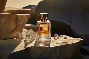 Perfume bottle or whiskey bottle in elegant style on the background of rocks photo