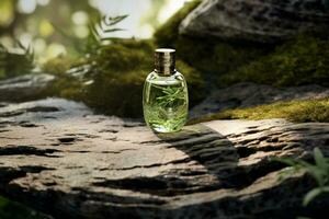 Perfume bottle or whiskey bottle in elegant style on the background of rocks photo