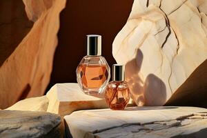 Perfume bottle or whiskey bottle in elegant style on the background of rocks photo
