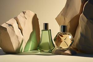 Perfume bottle or whiskey bottle in elegant style on the background of rocks photo