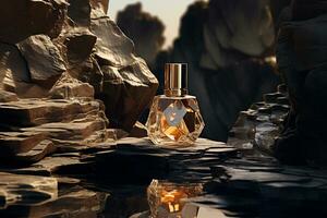 Perfume bottle or whiskey bottle in elegant style on the background of rocks photo