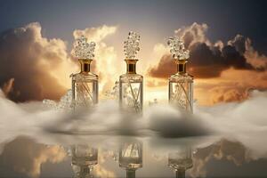 Perfume bottle or whiskey bottle in elegant style on the sky background photo