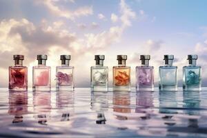 Perfume bottle or whiskey bottle in elegant style on the sky background photo