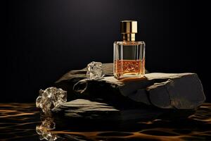 Perfume bottle or whiskey bottle in elegant style on the background of rocks photo