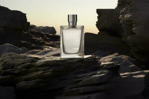 Perfume bottle or whiskey bottle in elegant style on the background of rocks photo
