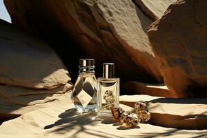 Perfume bottle or whiskey bottle in elegant style on the background of rocks photo