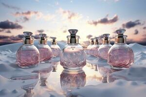 Perfume bottle or whiskey bottle in elegant style on the sky background photo