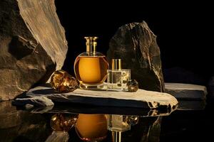 Perfume bottle or whiskey bottle in elegant style on the background of rocks photo