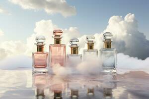 Perfume bottle or whiskey bottle in elegant style on the sky background photo