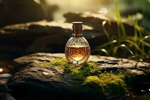 Perfume bottle or whiskey bottle in elegant style on the background of rocks photo