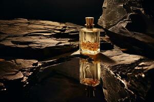 Perfume bottle or whiskey bottle in elegant style on the background of rocks photo