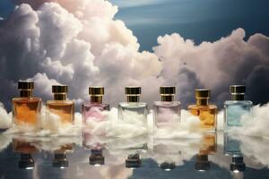 Perfume bottle or whiskey bottle in elegant style on the sky background photo