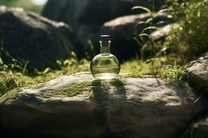 Perfume bottle or whiskey bottle in elegant style on the background of rocks photo