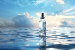 Perfume bottle or whiskey bottle in elegant style on the sky background photo