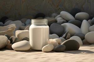 Mock up a jar of cream on a natural style background photo