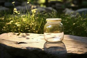 Mock up a jar of cream on a natural style background photo