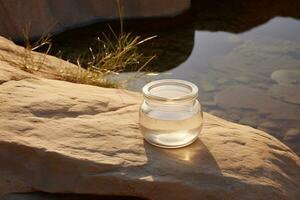 Mock up a jar of cream on a natural style background photo