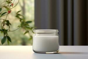 Mockup of elegant jar of cream on the minimalist studio background photo