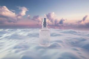 Mockup of elegant dropper bottle On the background of bright clouds photo