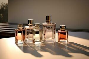 Perfume bottle or whiskey bottle in elegant style on a mockup style background photo