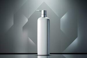 Mockup of elegant lotion pump bottle on the minimalist studio background photo