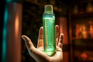 Mockup of Hand holding lotion bottle on the bokeh background photo