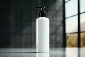 Mockup of elegant lotion pump bottle on the minimalist studio background photo