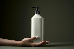 Mockup of Hand holding lotion bottle on the bokeh background photo