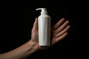 Mockup of Hand holding lotion bottle on the bokeh background photo