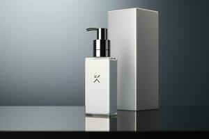 Mockup of elegant lotion pump bottle on the minimalist studio background photo