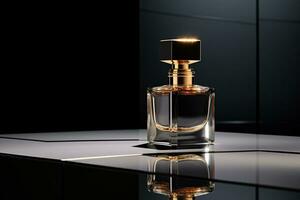 Perfume bottle or whiskey bottle in elegant style on a mockup style background photo