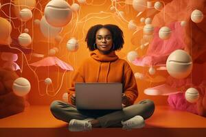 contento mujer sentado con ordenador portátil en Moda estilo brillante color antecedentes foto