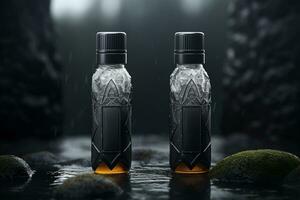 Mockup of elegant dropper bottle on the background of forest photo