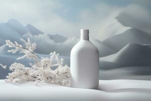 Mockup of elegant lotion pump bottle On the background of bright clouds photo