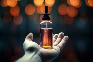 Mockup of Hand holding a dropper bottle on the bokeh background photo