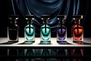 Perfume bottle or whiskey bottle in elegant style on a mockup style background photo