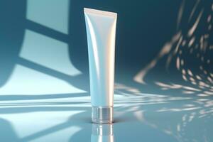 Mock up of a sunscreen bottle on a minimalist studio background photo