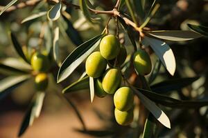 Selective focus shot of an olive tree branch full of the fruits, AI Generative photo