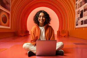 Happy woman sitting with laptop on fashion style bright color background photo