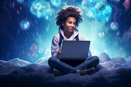 a man is sitting with a laptop in front of clouds photo