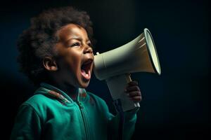 an african american child speaking with a megaphone photo